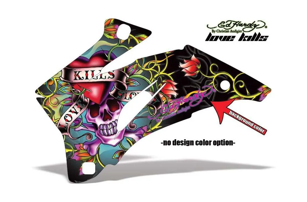 Ed Hardy Love Kills design shown on a set of graphic panels