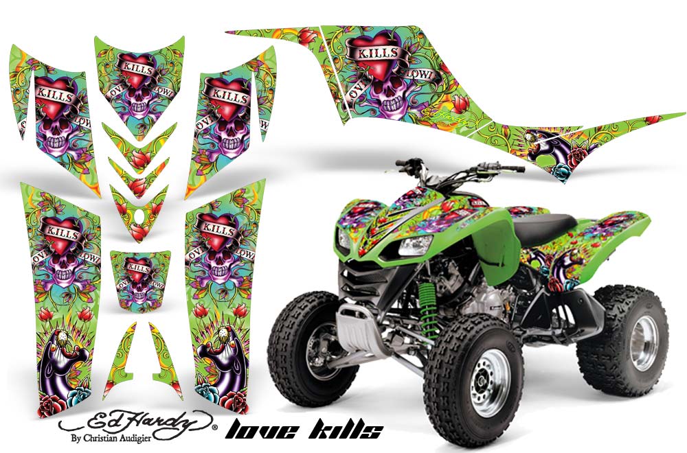 Kawasaki KFX 700 ATV Graphic Kit - 2004-2009 Ed Hardy - Love Kills Green