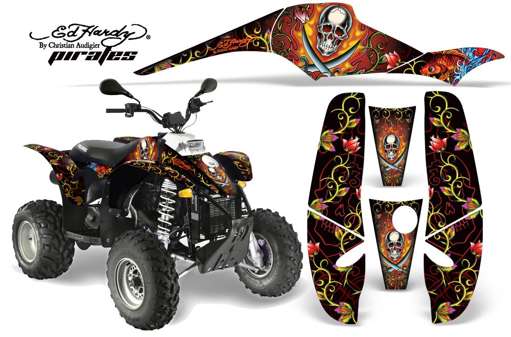 Polaris Scrambler / Trailblazer 500 ATV Graphic Kit - 1985-2009 Ed Hardy - Pirates Red