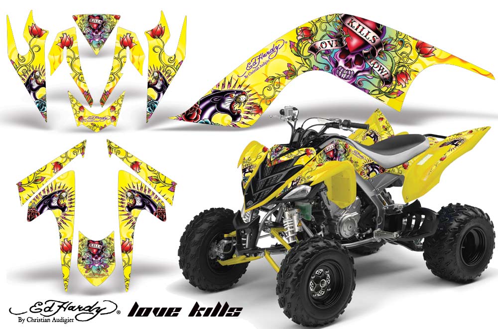 Yamaha Raptor 700 ATV Graphic Kit - 2006-2012 Ed Hardy - Love Kills Yellow
