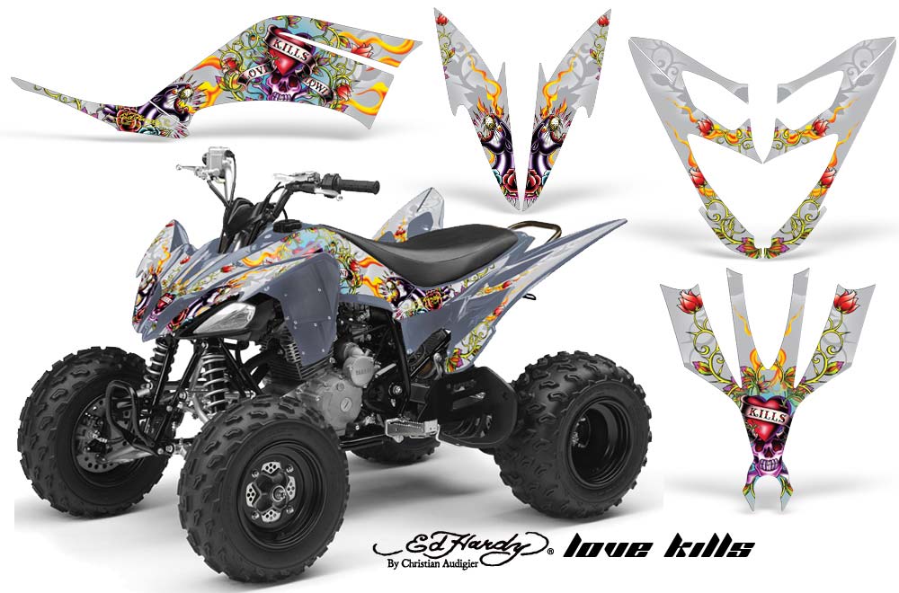 Yamaha Raptor 250 ATV Graphic Kit - 2008-2014 Ed Hardy - Love Kills Silver