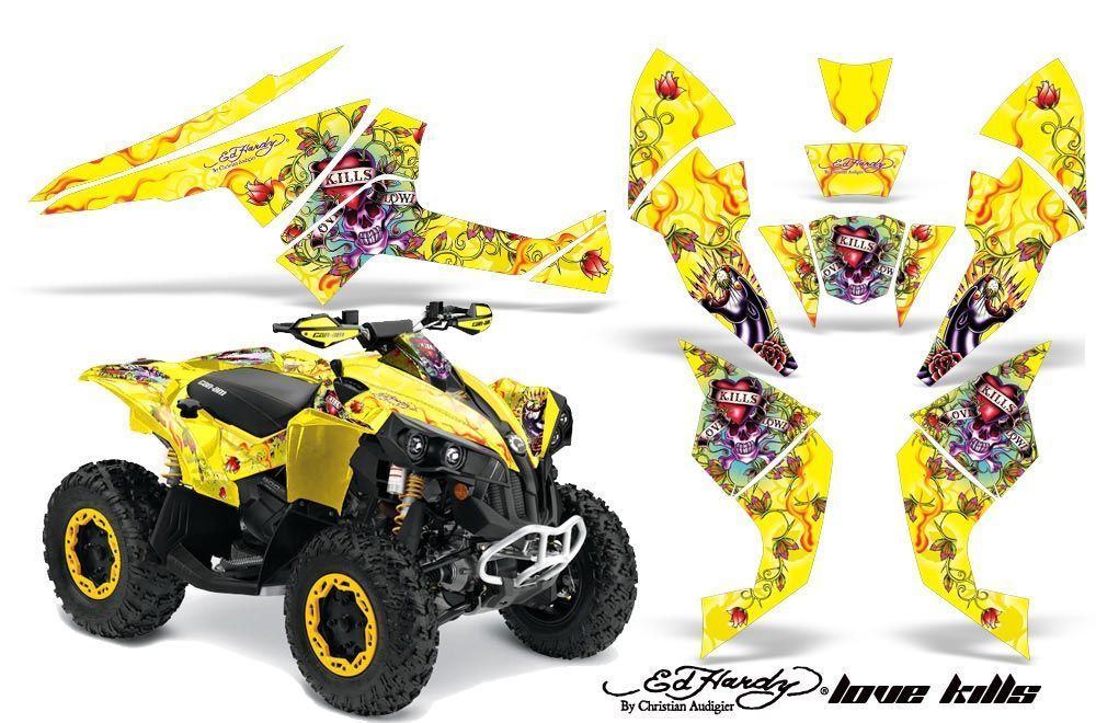 Can Am Renegade 500x/r / 800x/r ATV Graphic Kit - All Years Ed Hardy - Love Kills Yellow