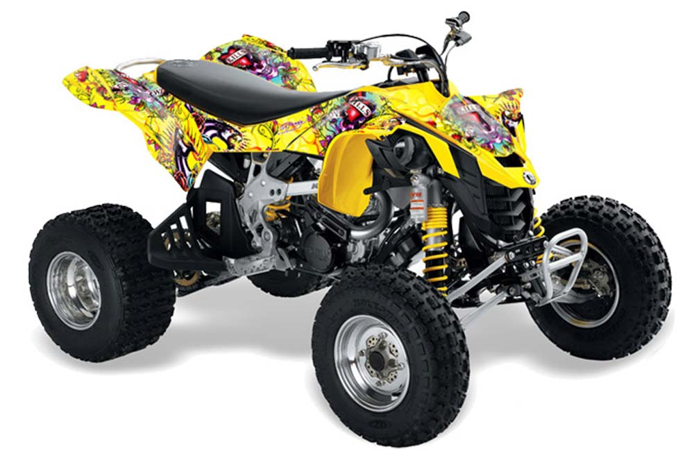 Can Am DS450 / DS450X EFI ATV Graphic Kit - 2008-2016 Ed Hardy - Love Kills Yellow
