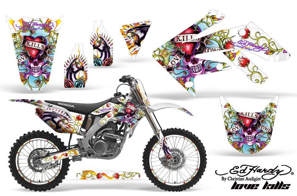 Honda CRF250 R Dirt Bike Graphic Kit - 2004-2013 Ed Hardy - Love Kills White