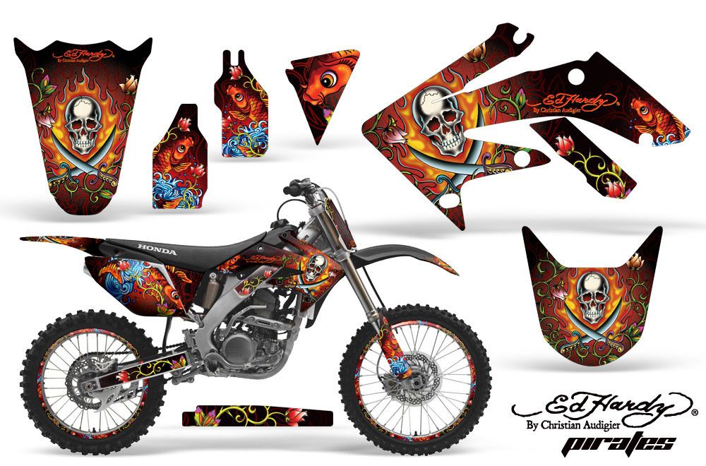 Honda CRF250 R Dirt Bike Graphic Kit - 2004-2013 Ed Hardy - Pirates Red