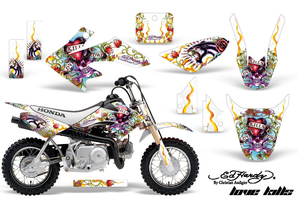 Honda CRF50 Dirt Bike Graphic Kit - 2004-2013 Ed Hardy - Love Kills White