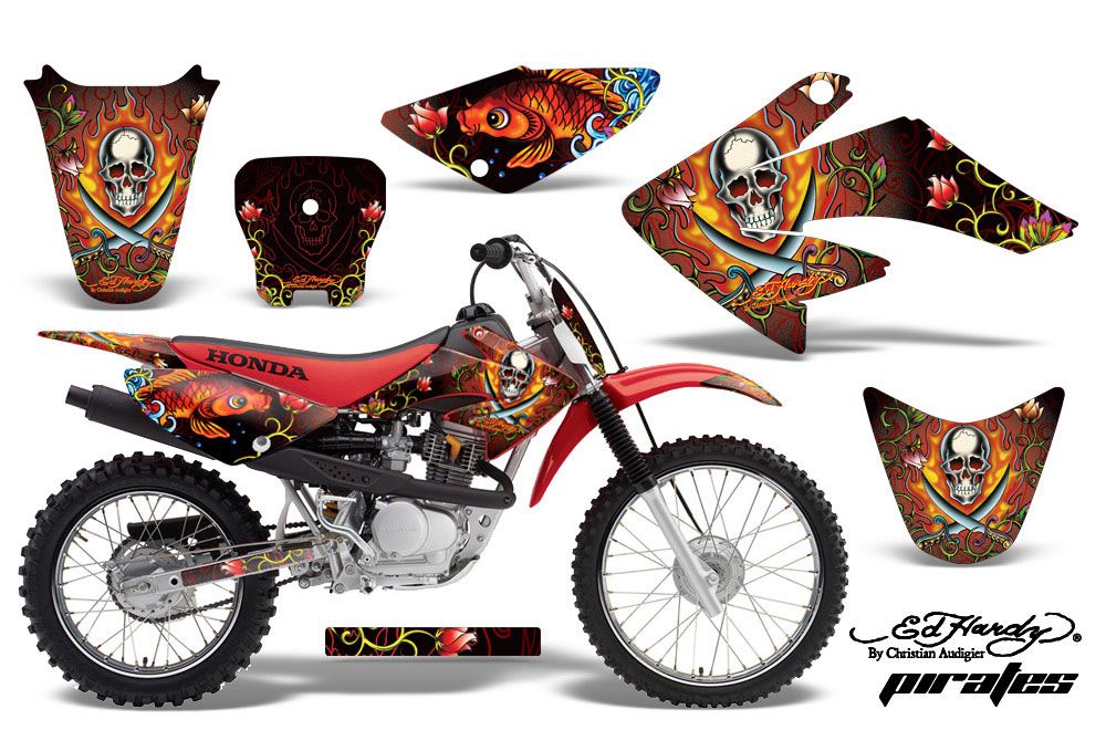 Honda CRF80 Dirt Bike Graphic Kit - 2004-2010 Ed Hardy - Pirates Red