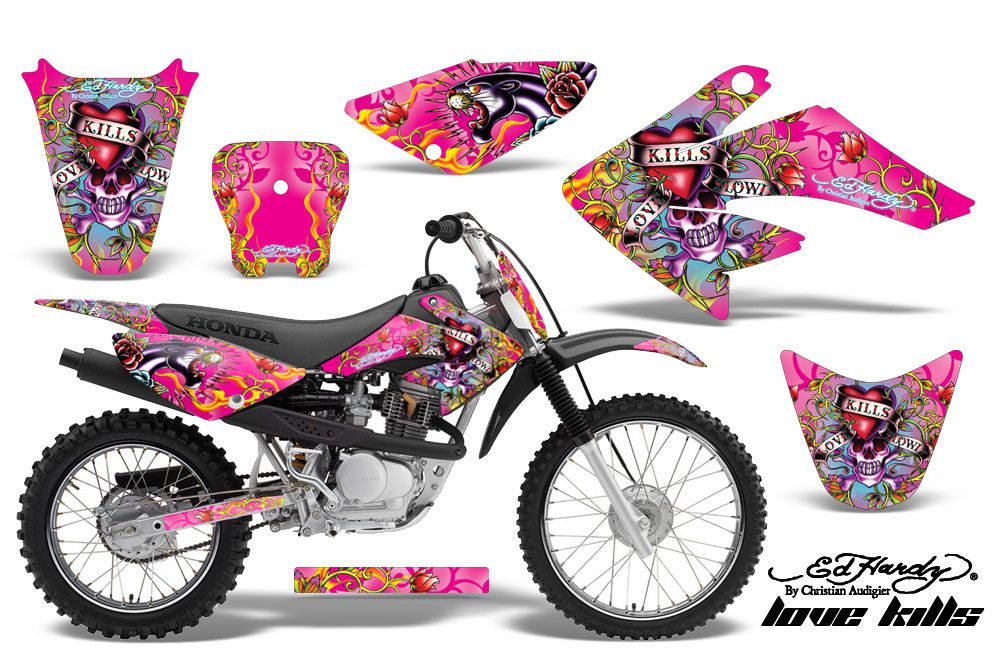 Honda CRF80 Dirt Bike Graphic Kit - 2004-2010 Ed Hardy - Love Kills Pink