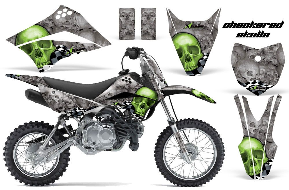 Kawasaki KLX110L Dirt Bike Graphic Kit - 2010-2018 Checkered Skulls Green