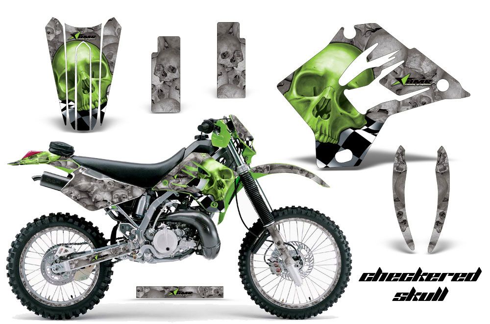 Kawasaki KDX220 Dirt Bike Graphic Kit - 1997-2005 Checkered Skull Green