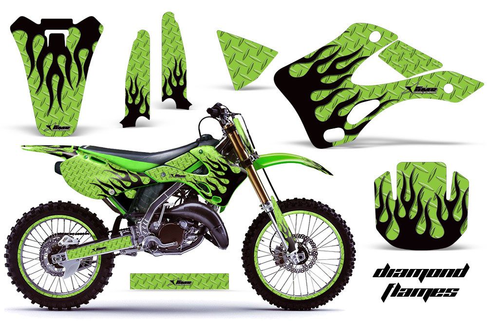Kawasaki KX250 Dirt Bike Graphic Kit - 1999-2002 Diamond Flames Green