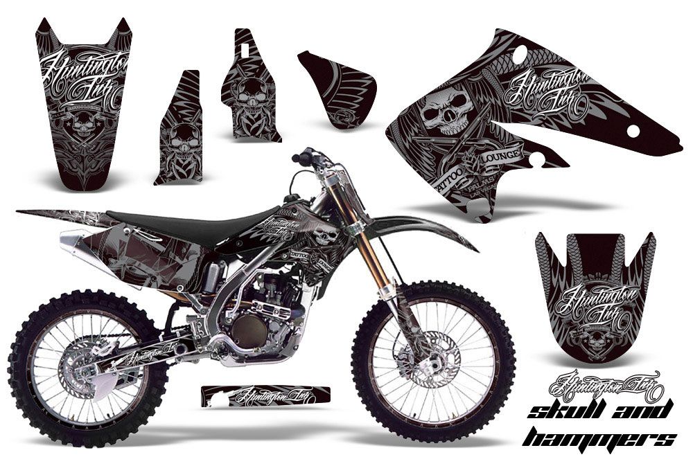 Kawasaki KX250F Dirt Bike Graphic Kit - 2004-2005 Skulls and Hammers Silver