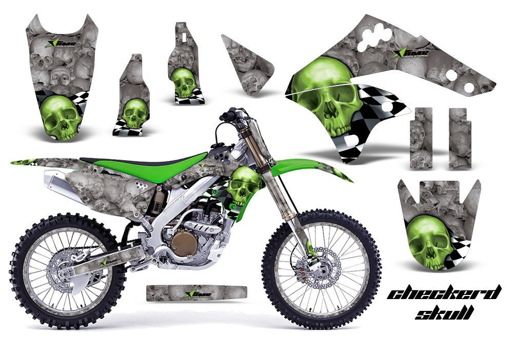 Kawasaki KX250F Dirt Bike Graphic Kit - 2006-2008 Checkered Skull Green