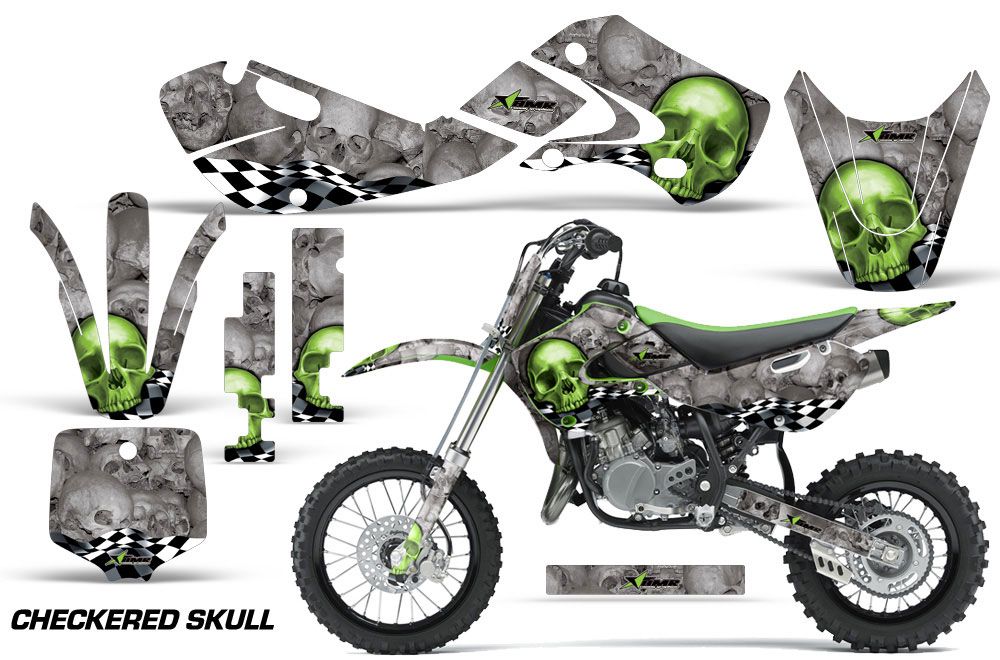 Kawasaki KLX110 Dirt Bike Graphic Kit - 2002-2009 Checkered Skull Green
