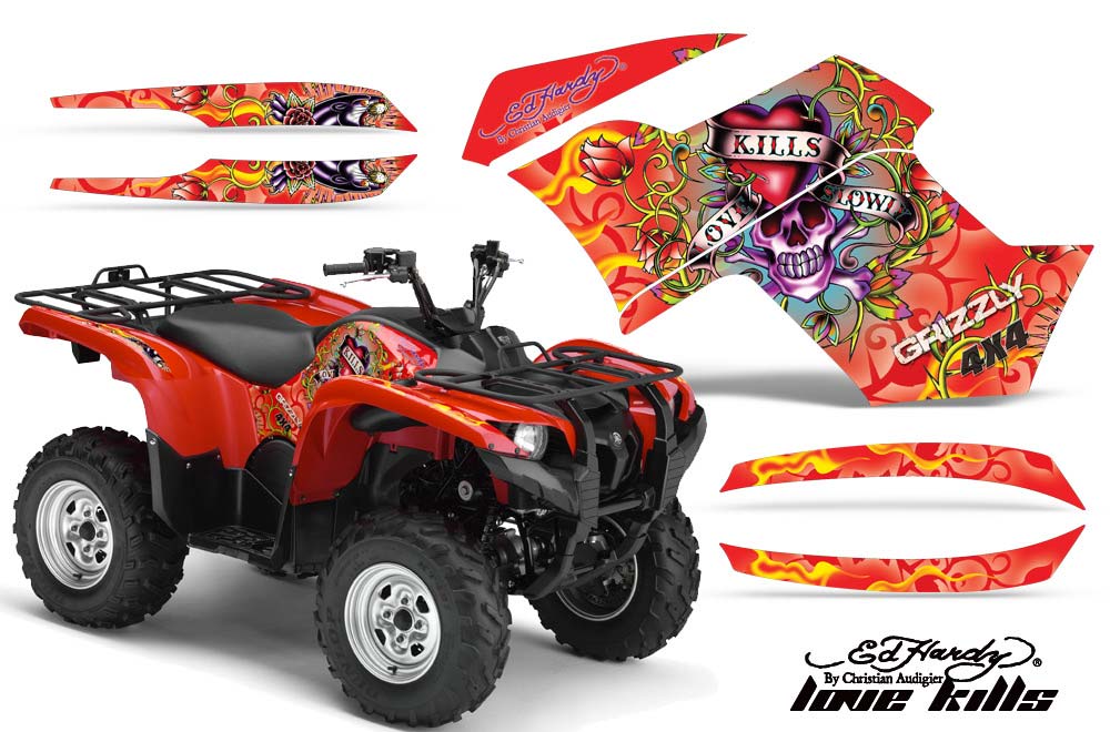 Yamaha Grizzly 700 / 550 ATV Graphic Kit - 2007-2014 Ed Hardy - Love Kills Red