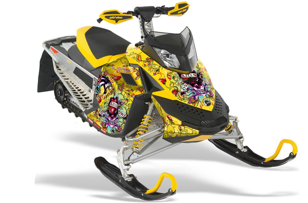 Ski Doo Rev XP Sled Graphic Kit - 2008-2012 Ed Hardy - Love Kills Yellow