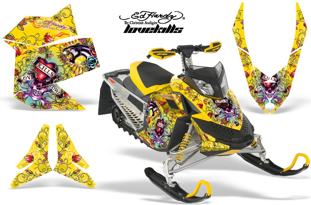 Ski Doo Rev XP Sled Graphic Kit - 2008-2012 Ed Hardy - Love Kills Yellow