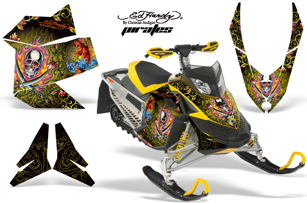 Ski Doo Rev XP Sled Graphic Kit - 2008-2012 Ed Hardy - Pirates Yellow