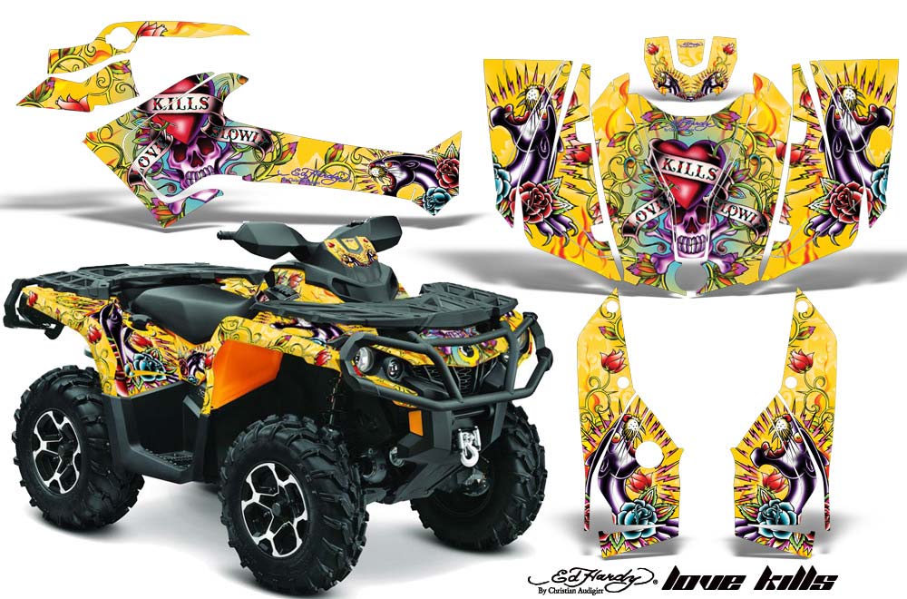 Can Am Outlander XMR / MAX / XT ATV Graphic Kit - 2006-2011 Ed Hardy - Love Kills Yellow