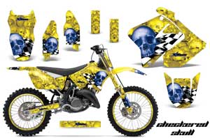 Suzuki RM 125 Dirt Bike Graphic Kit - 2001-2009 Checkered Skull Yellow