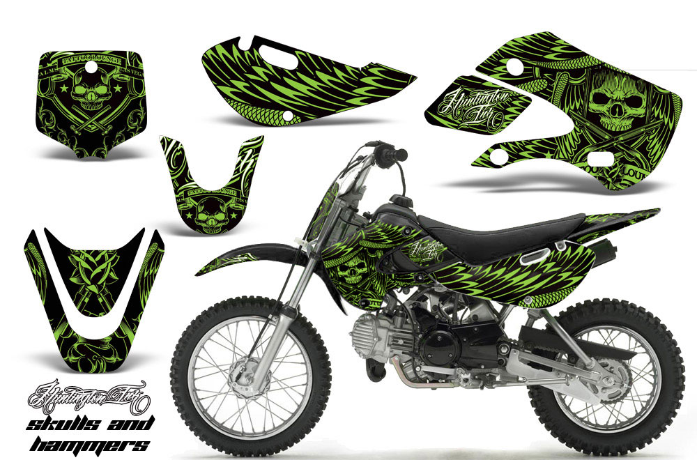 Suzuki DRZ 110 Dirt Bike Graphic Kit - All Years Skulls and Hammers Green